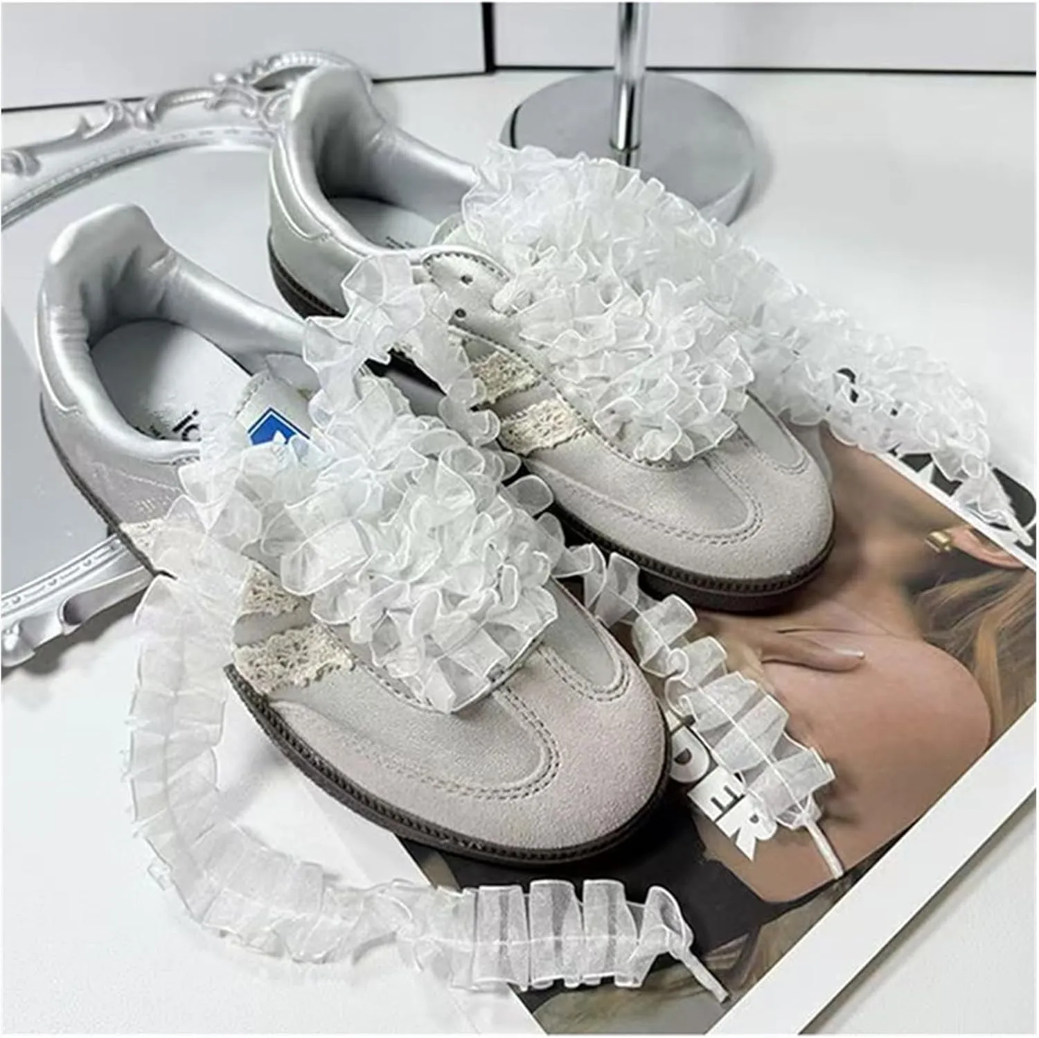 Ruffle Edge Organza Frills Shoelaces Bowknot Sneaker Black Sport Shoes White Shoes Laces DIY Training Shoes Laces