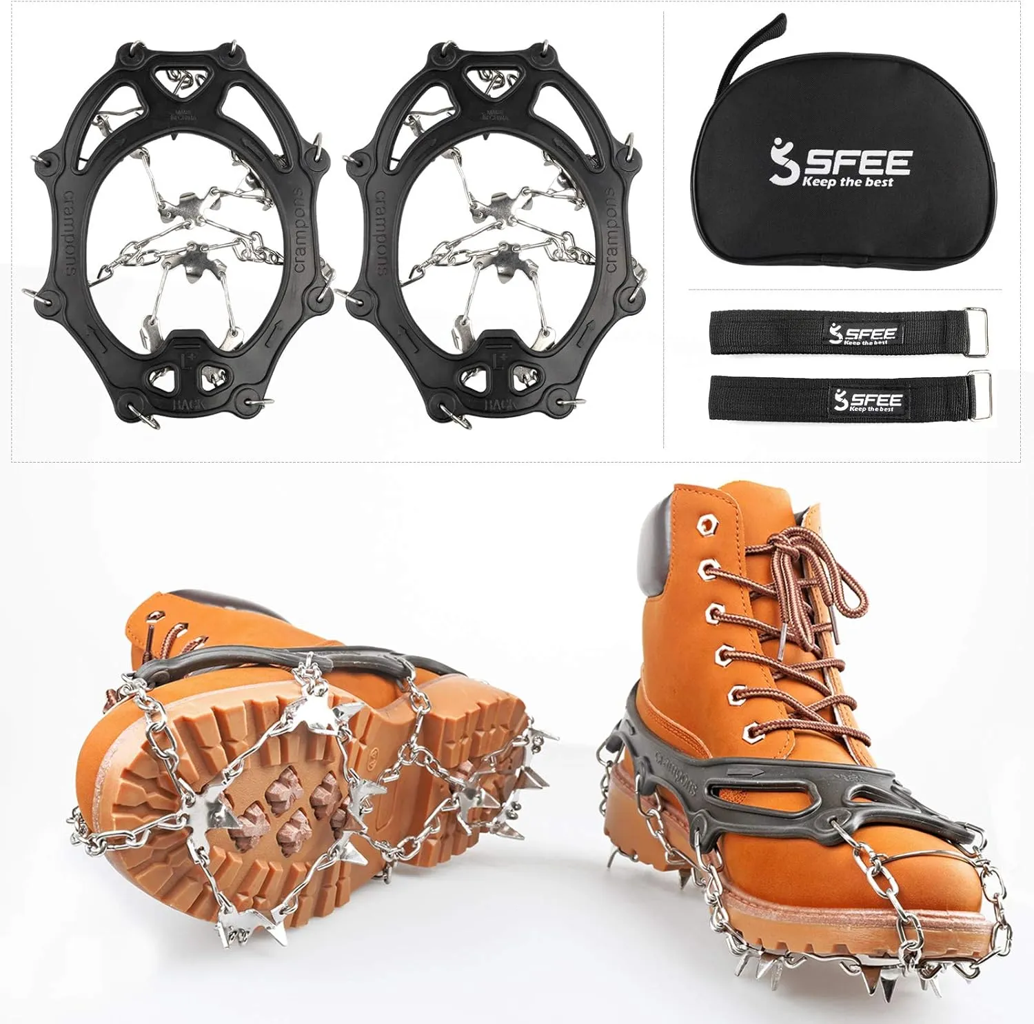 Sfee Ice Snow Grips Crampons Traction Cleats,19 Stainless Steel Spikes for Women Men Kids, Anti Slip Flexible Shoe/Boot Footwear for Walking Climbing Hiking Fishing Outdoor