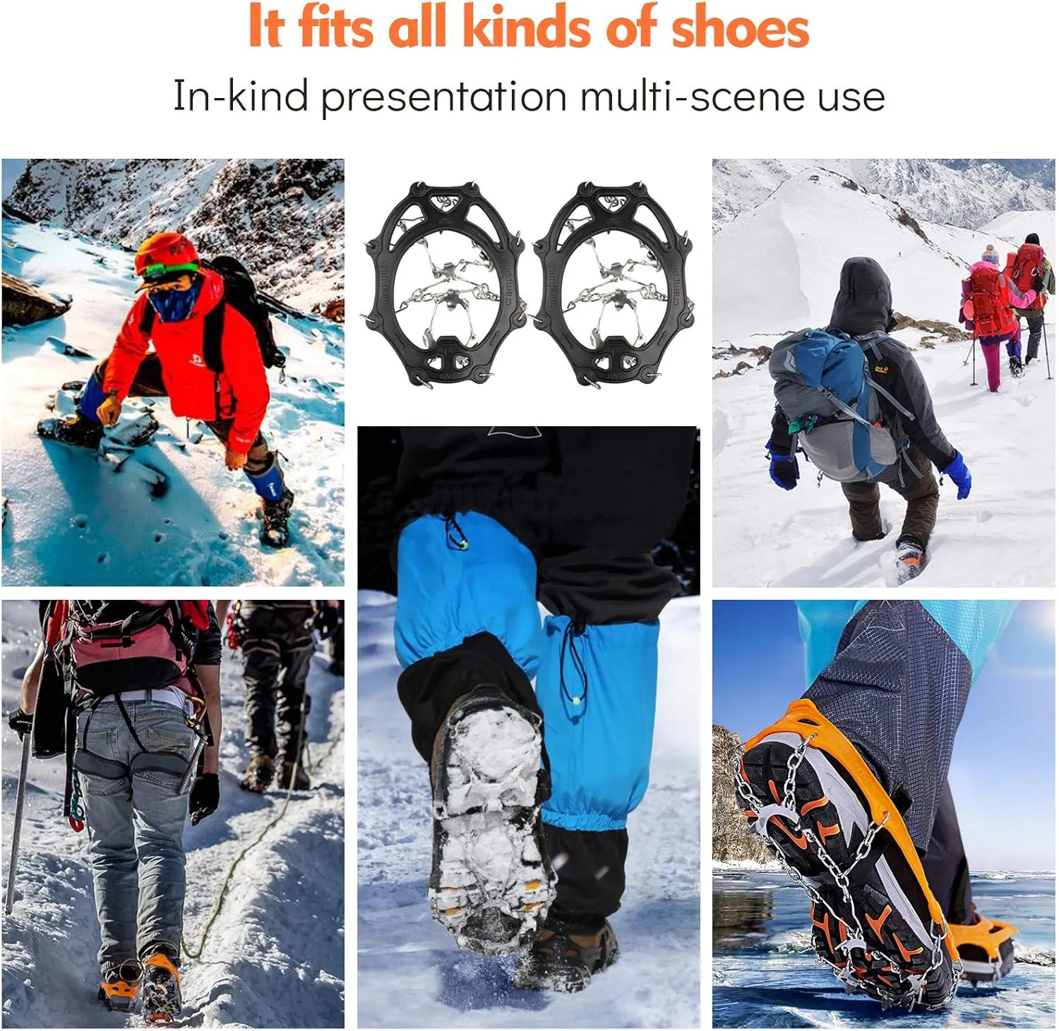 Sfee Ice Snow Grips Crampons Traction Cleats,19 Stainless Steel Spikes for Women Men Kids, Anti Slip Flexible Shoe/Boot Footwear for Walking Climbing Hiking Fishing Outdoor