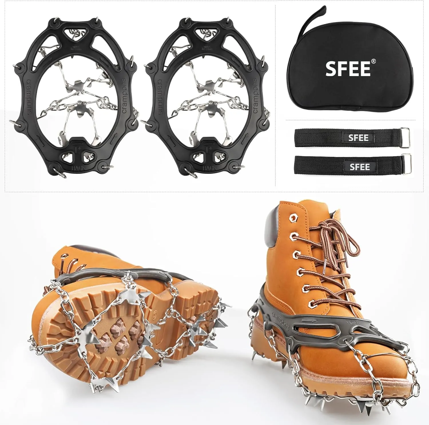 Sfee Ice Snow Grips Crampons Traction Cleats,19 Stainless Steel Spikes for Women Men Kids, Anti Slip Flexible Shoe/Boot Footwear for Walking Climbing Hiking Fishing Outdoor