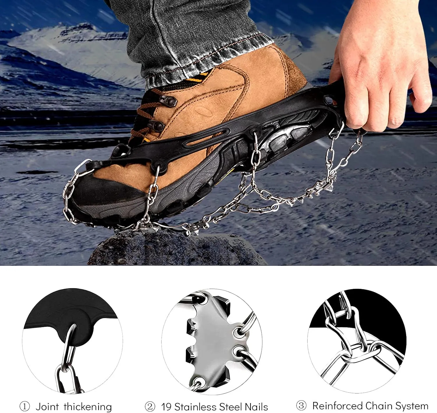 Sfee Ice Snow Grips Crampons Traction Cleats,19 Stainless Steel Spikes for Women Men Kids, Anti Slip Flexible Shoe/Boot Footwear for Walking Climbing Hiking Fishing Outdoor