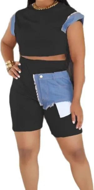 Shorts Sets Women 2 Piece Outfits Crop Top Short Pants Denim Patchwork Track Suits Lounge Sets