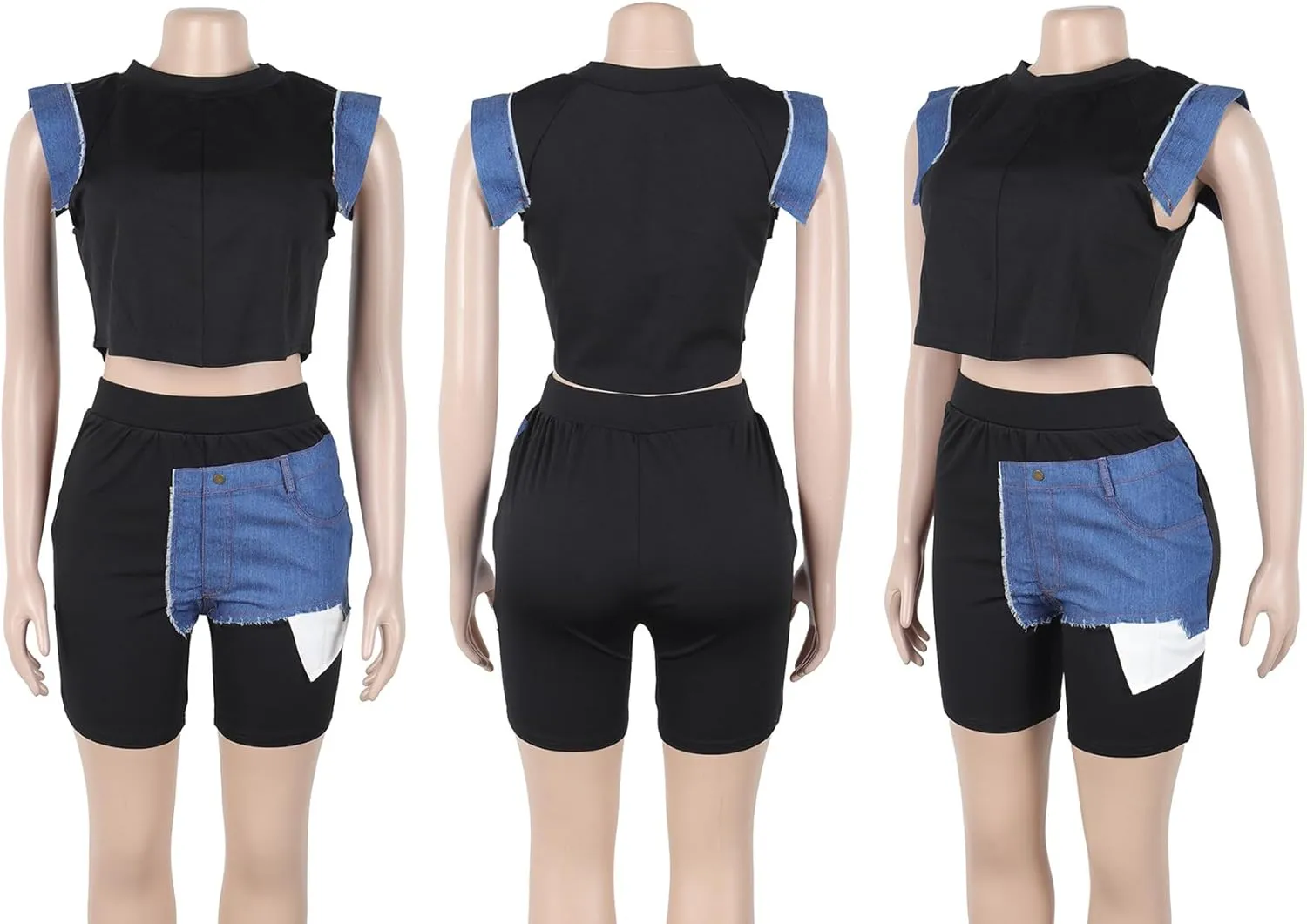 Shorts Sets Women 2 Piece Outfits Crop Top Short Pants Denim Patchwork Track Suits Lounge Sets