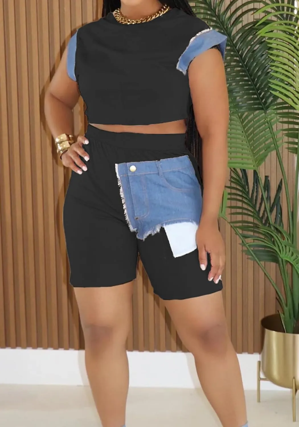 Shorts Sets Women 2 Piece Outfits Crop Top Short Pants Denim Patchwork Track Suits Lounge Sets