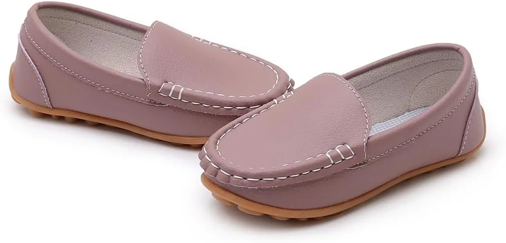 SOFMUO Boys Girls Leather Loafers Slip-On Oxford Flats Boat Dress Schooling Daily Walking Shoes(Toddler/Little Kids)