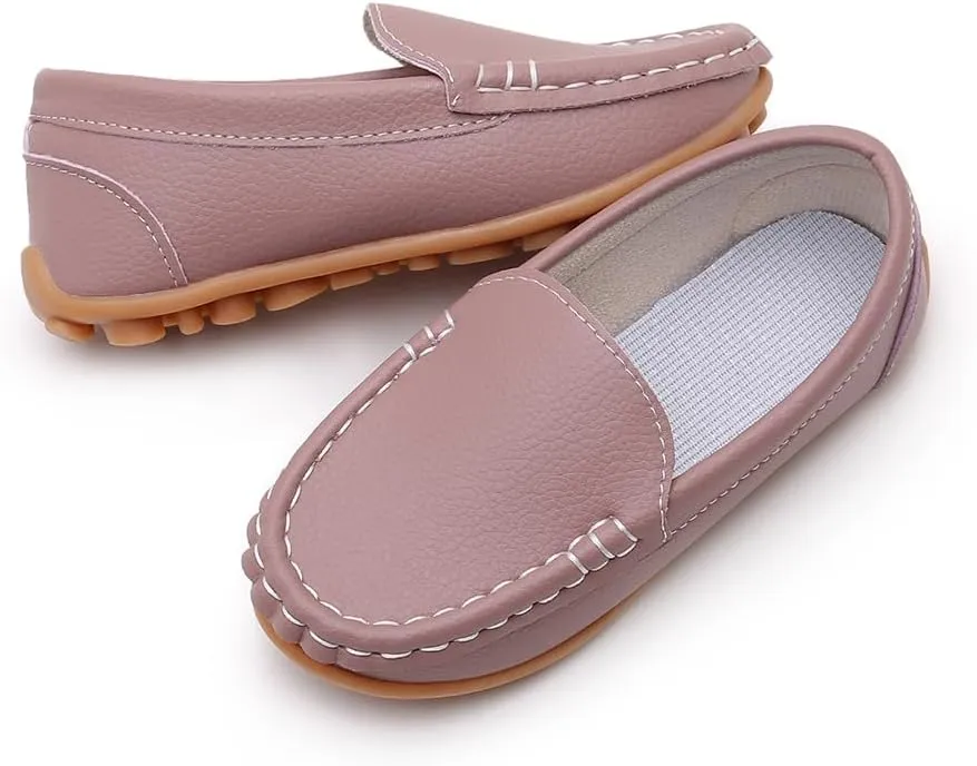 SOFMUO Boys Girls Leather Loafers Slip-On Oxford Flats Boat Dress Schooling Daily Walking Shoes(Toddler/Little Kids)