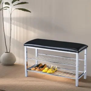 Stylish Metal Shoe Bench with Comfortable Black Faux Leather Seat, 2-Tier Storage, Silver Frame