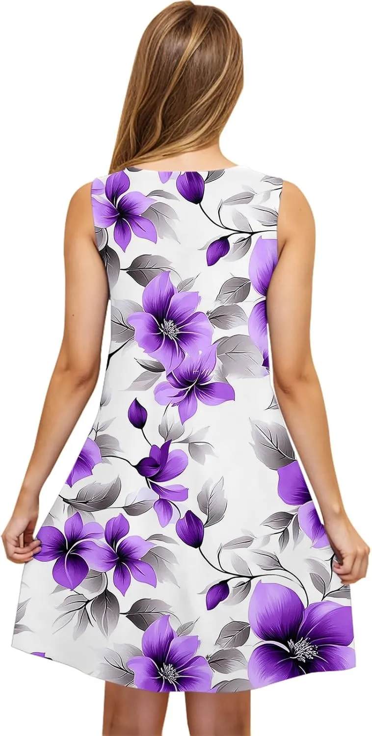 Summer Floral Print Sleeveless Dress for Women Scoop Neck A-Line Casual Tank Dresses Beach Vacation Sundress