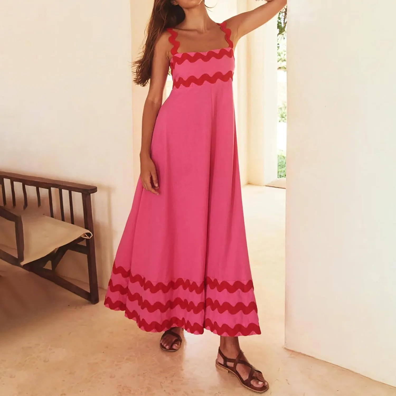 Summer Maxi Dresses for Women 2024 Casual RIC Rac Spaghetti Strap Dress Beach Vacation A Line Flowy Swing Sundresses