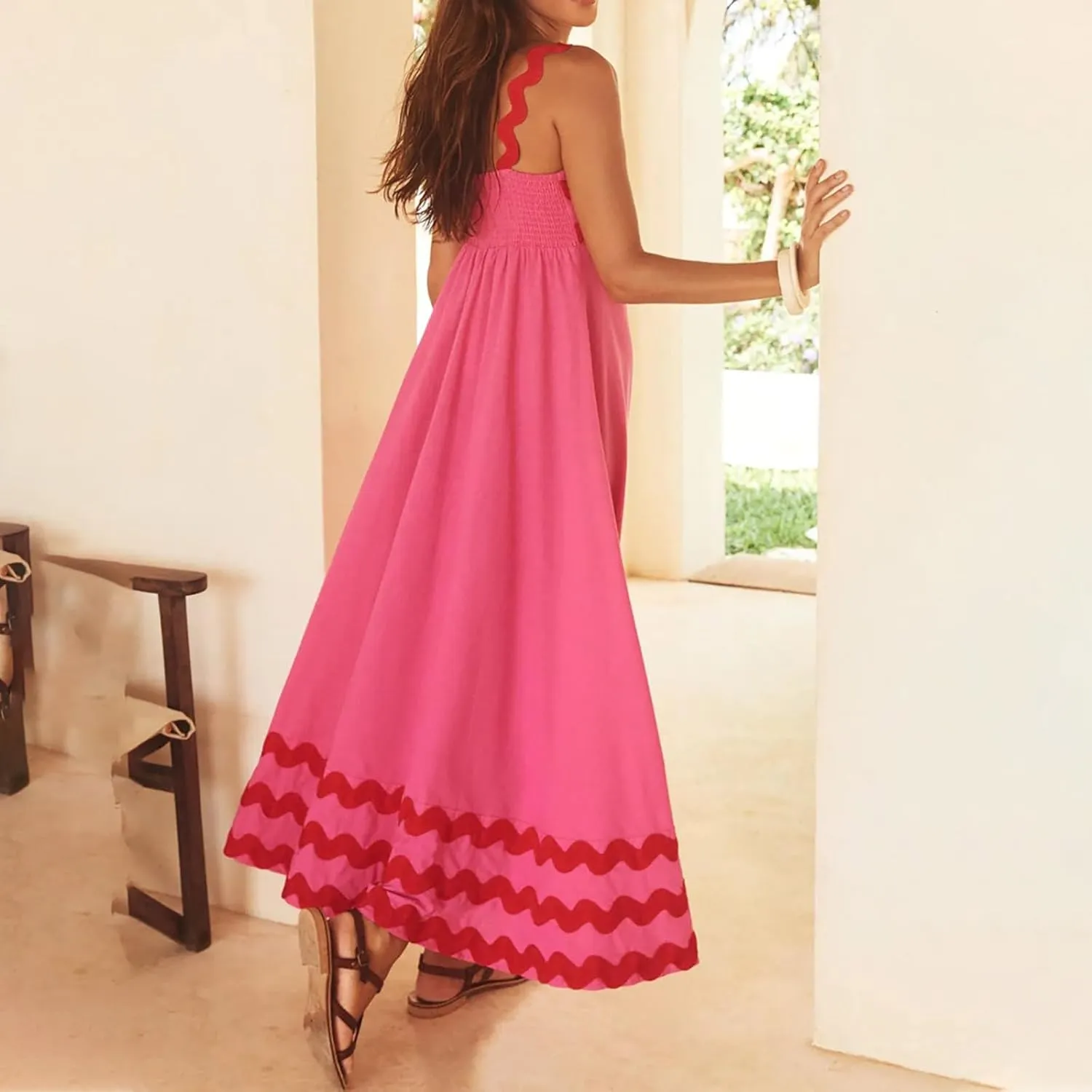 Summer Maxi Dresses for Women 2024 Casual RIC Rac Spaghetti Strap Dress Beach Vacation A Line Flowy Swing Sundresses