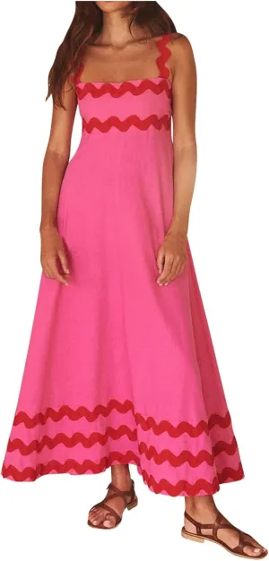 Summer Maxi Dresses for Women 2024 Casual RIC Rac Spaghetti Strap Dress Beach Vacation A Line Flowy Swing Sundresses