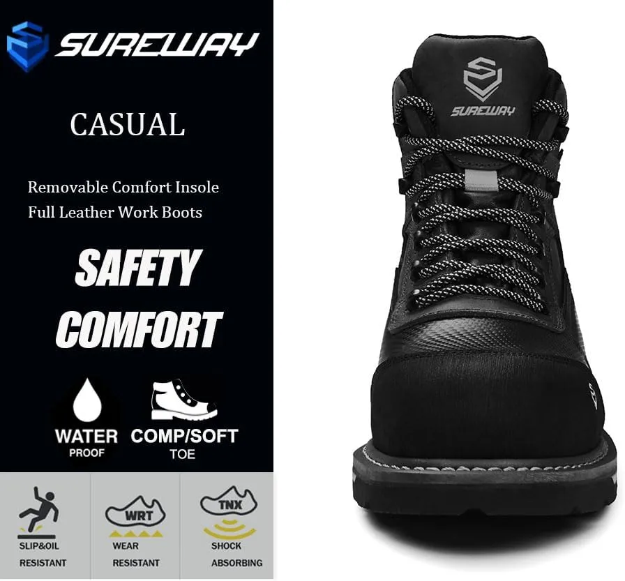 SUREWAY Composite Toe Heavy Duty Waterproof Work Boot, Men’s 6" Goodyear Welt Oil/Slip Resistant Dual-Density Comfortable Outsole Leather Construction Industrial Safety Lace Up Work Boots - Brown