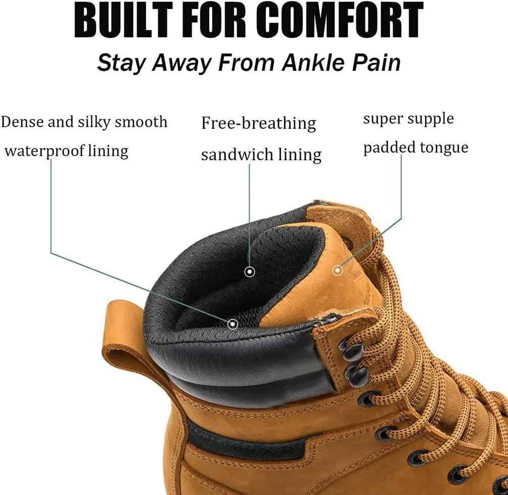 SUREWAY Men's 8" Waterproof Soft Toe Work Boots,Construction Industrial Safety Boot,Breathable Leather with Moc Toe,Slip Resistant Wedge Outsole and Comfort Insole,EH Rated,Lace Up,Goodyear Welt
