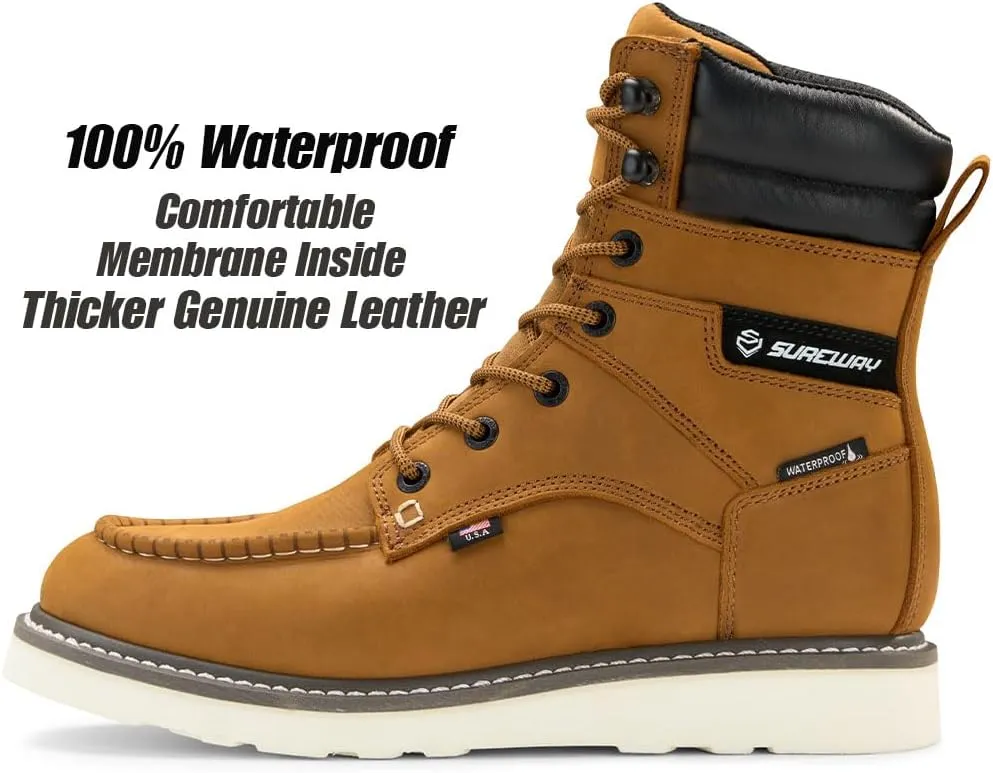SUREWAY Men's 8" Waterproof Soft Toe Work Boots,Construction Industrial Safety Boot,Breathable Leather with Moc Toe,Slip Resistant Wedge Outsole and Comfort Insole,EH Rated,Lace Up,Goodyear Welt