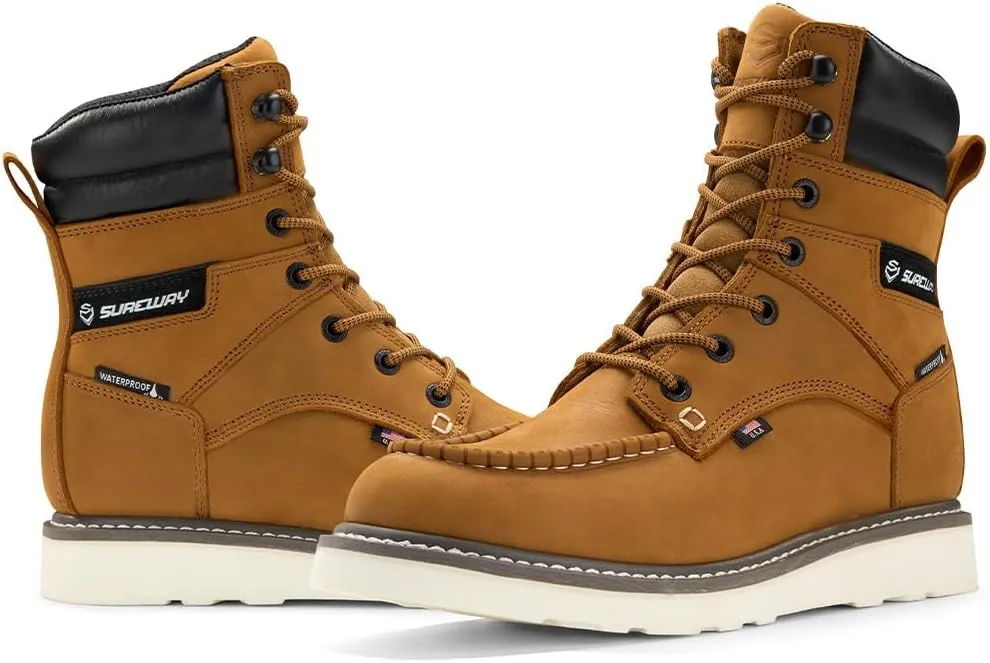 SUREWAY Men's 8" Waterproof Soft Toe Work Boots,Construction Industrial Safety Boot,Breathable Leather with Moc Toe,Slip Resistant Wedge Outsole and Comfort Insole,EH Rated,Lace Up,Goodyear Welt
