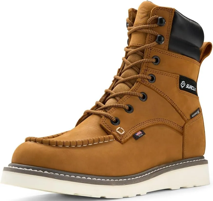 SUREWAY Men's 8" Waterproof Soft Toe Work Boots,Construction Industrial Safety Boot,Breathable Leather with Moc Toe,Slip Resistant Wedge Outsole and Comfort Insole,EH Rated,Lace Up,Goodyear Welt