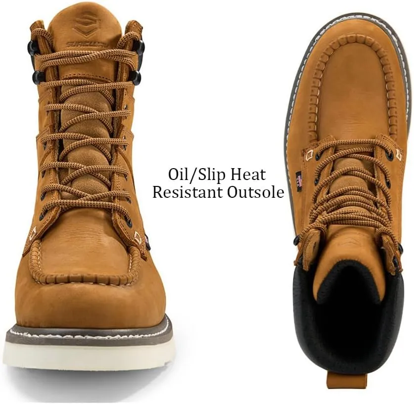 SUREWAY Men's 8" Waterproof Soft Toe Work Boots,Construction Industrial Safety Boot,Breathable Leather with Moc Toe,Slip Resistant Wedge Outsole and Comfort Insole,EH Rated,Lace Up,Goodyear Welt