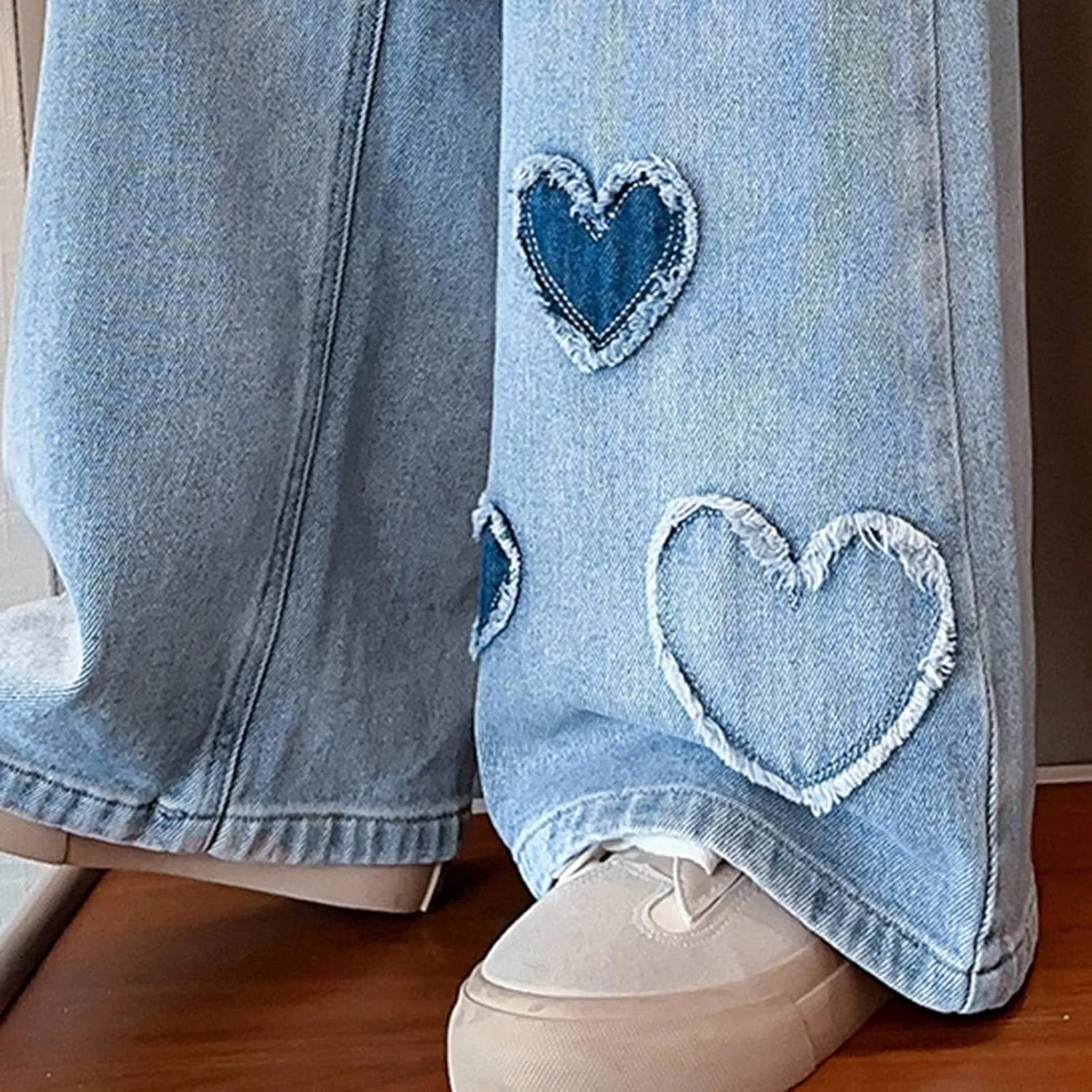 Teen Girls Wide Leg Jeans Baggy Heart Embroidery Elastic High Waist Denim Pants Vintage Y2k Streetwear Jeans Clothes