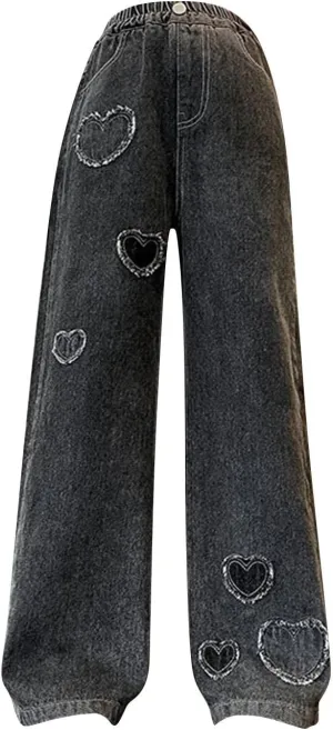 Teen Girls Wide Leg Jeans Baggy Heart Embroidery Elastic High Waist Denim Pants Vintage Y2k Streetwear Jeans Clothes