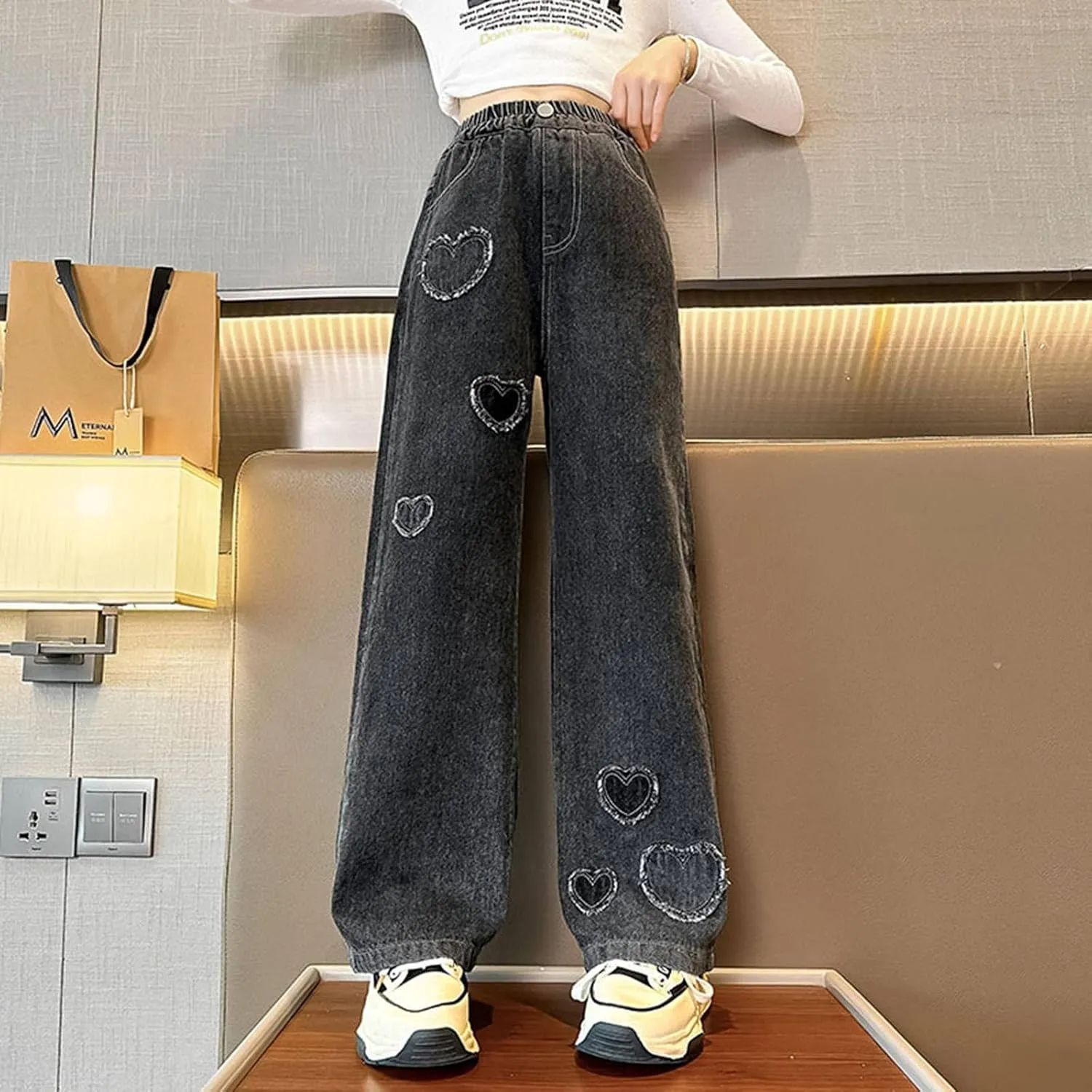 Teen Girls Wide Leg Jeans Baggy Heart Embroidery Elastic High Waist Denim Pants Vintage Y2k Streetwear Jeans Clothes