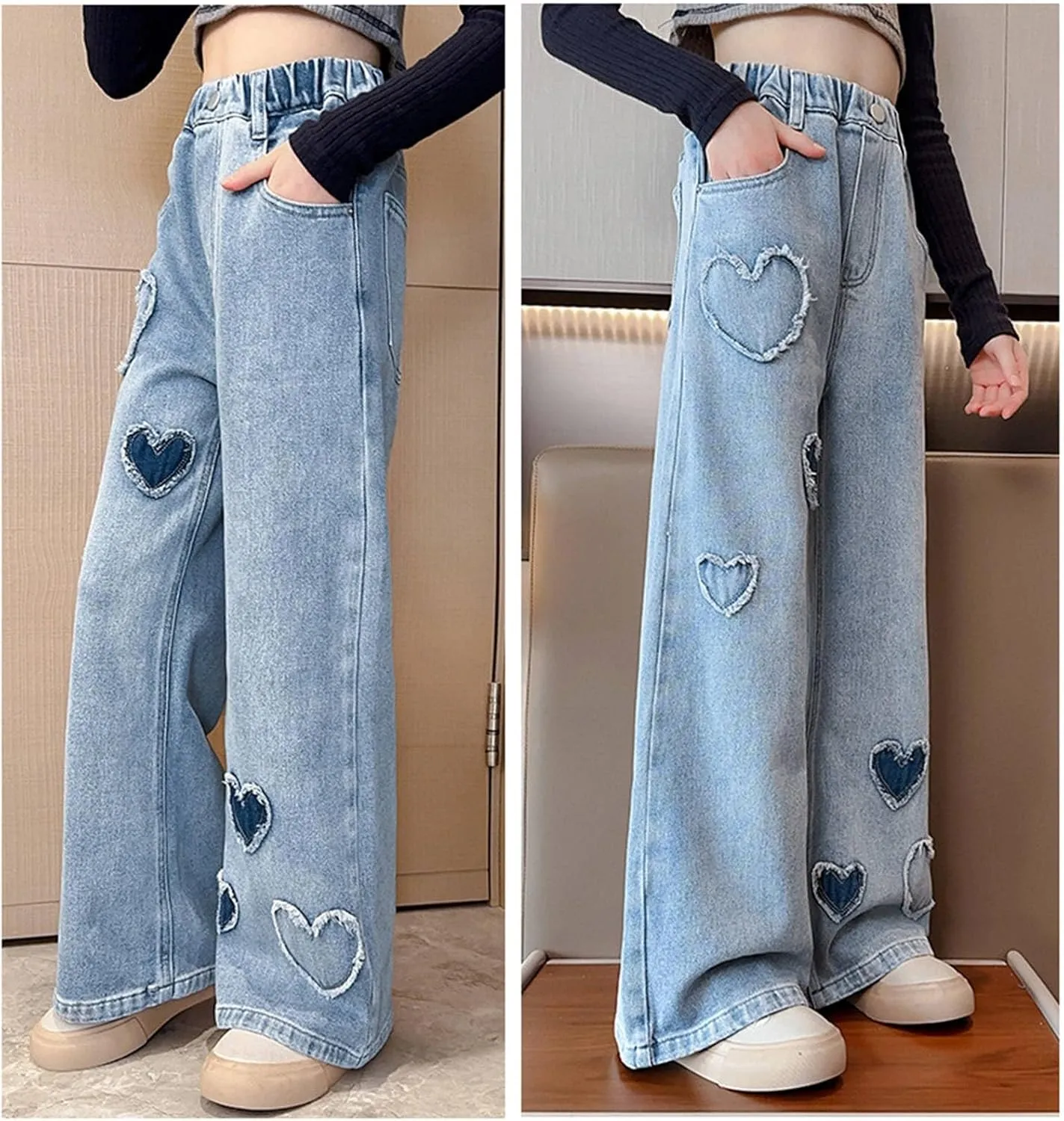 Teen Girls Wide Leg Jeans Baggy Heart Embroidery Elastic High Waist Denim Pants Vintage Y2k Streetwear Jeans Clothes