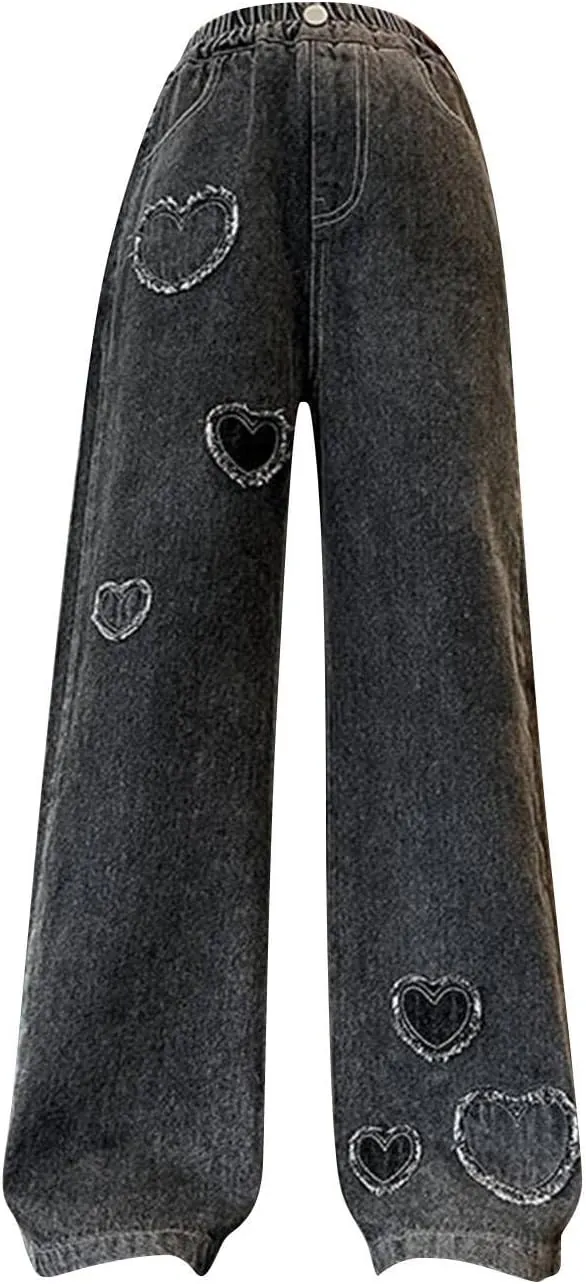 Teen Girls Wide Leg Jeans Baggy Heart Embroidery Elastic High Waist Denim Pants Vintage Y2k Streetwear Jeans Clothes