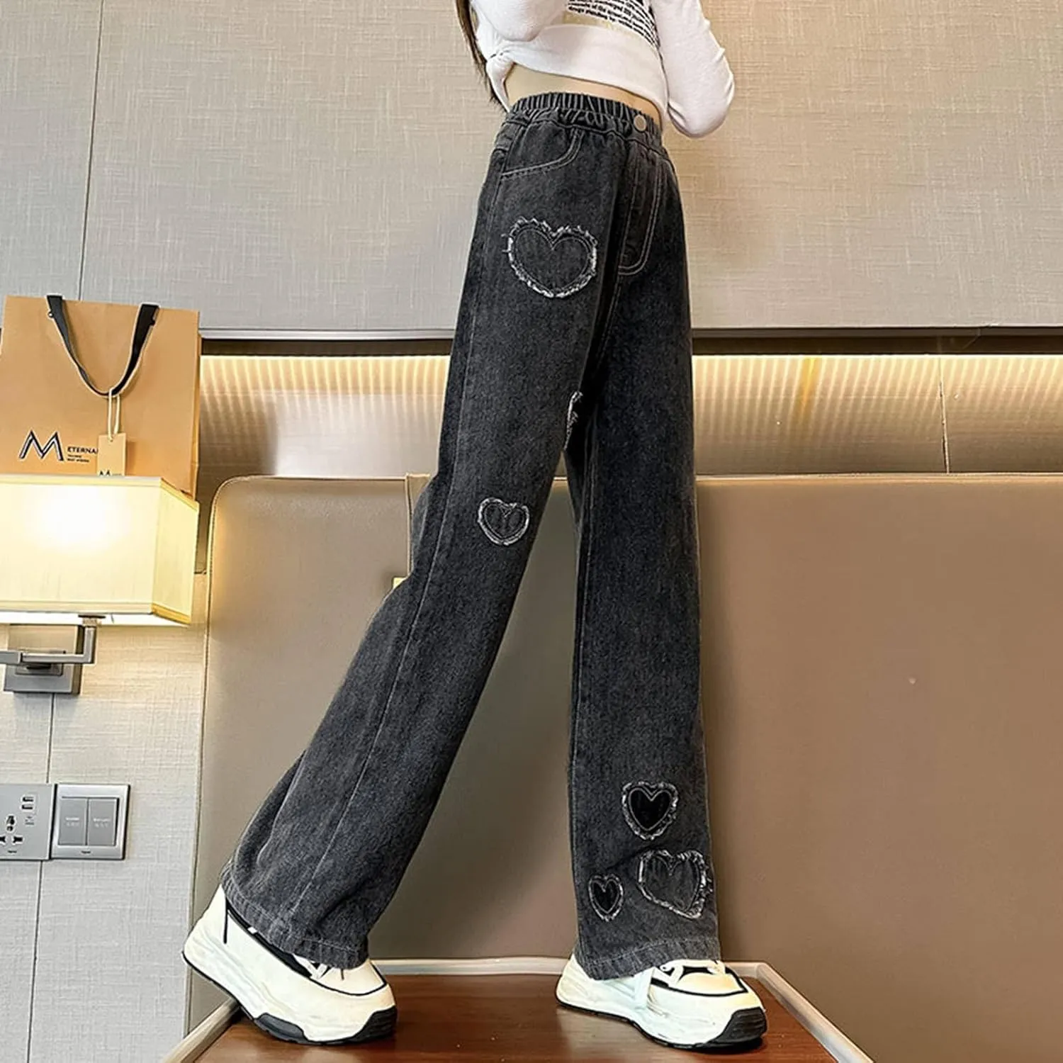 Teen Girls Wide Leg Jeans Baggy Heart Embroidery Elastic High Waist Denim Pants Vintage Y2k Streetwear Jeans Clothes