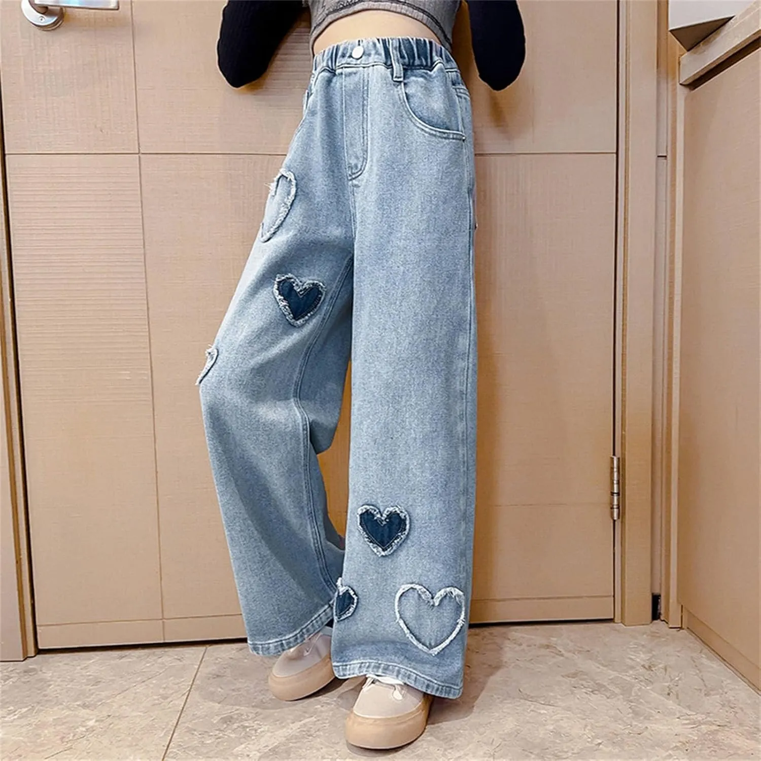 Teen Girls Wide Leg Jeans Baggy Heart Embroidery Elastic High Waist Denim Pants Vintage Y2k Streetwear Jeans Clothes