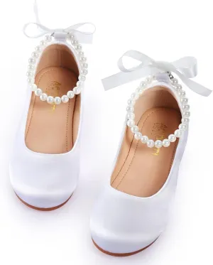Toddler Girls Dress Shoes Flower Girls Kids Mary Jane Ballet Flats Wedding Party Communion Princess Shoes(White Silk,Little Kid 13)
