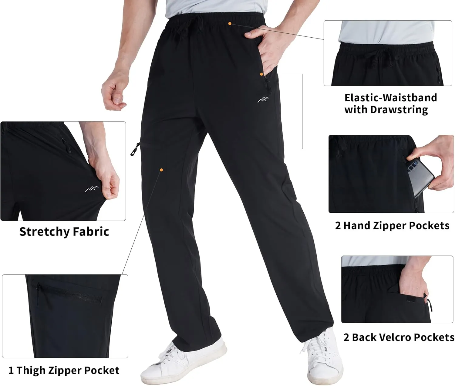 TRAILSIDE SUPPLY CO. Mens Lightweight Track Pants,Stretchy Pants with Zipper Pockets