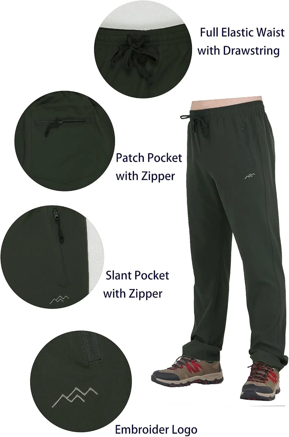 TRAILSIDE SUPPLY CO. Mens Lightweight Track Pants,Stretchy Pants with Zipper Pockets,Loose Fit