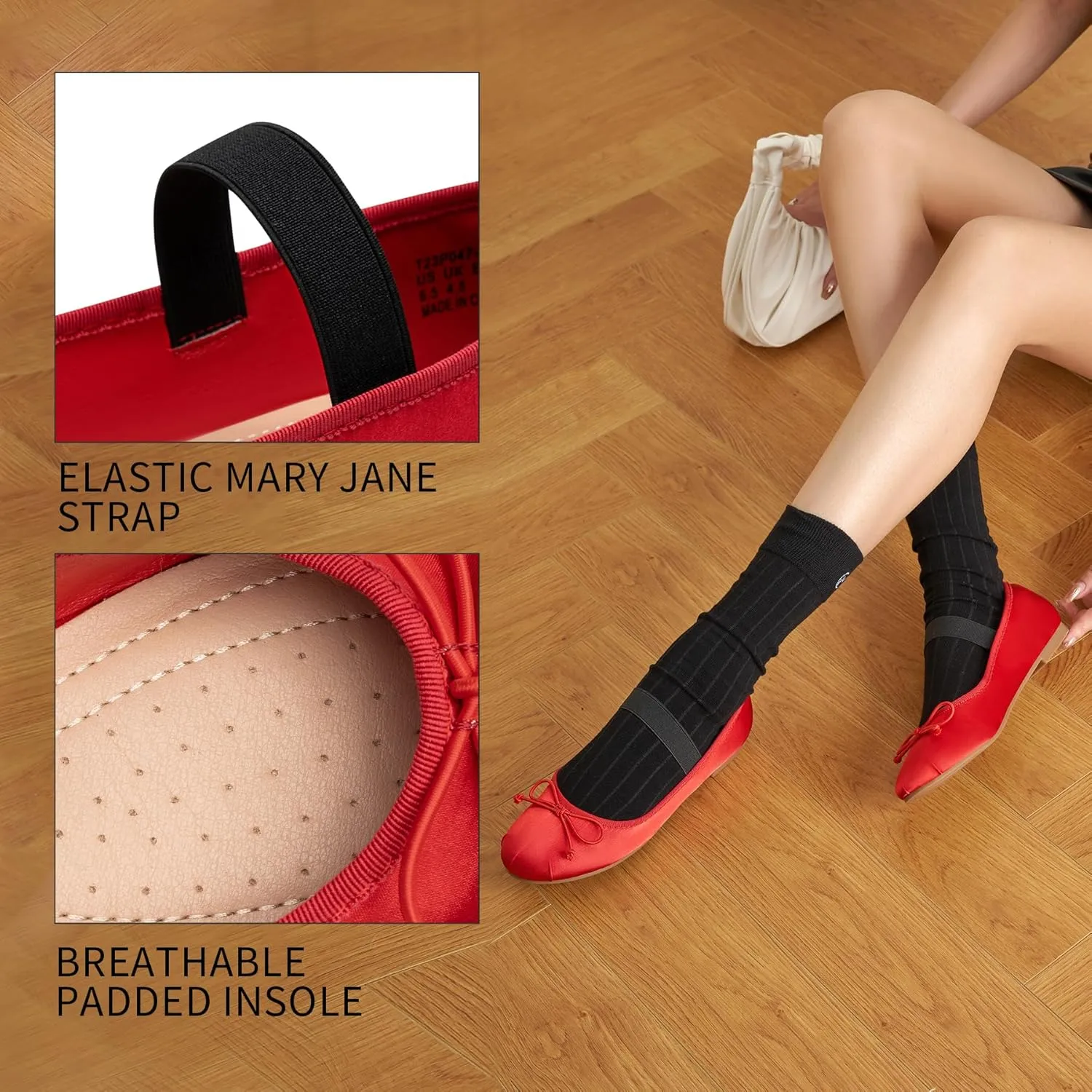 Trary Ballet Flats for Women Closed Round Toe Mary Jane Shoes Women Cute Bowknot Non-Slip Dressy Shoes Elastic Strap Comfortable Women's Flats for All-Year Daily Work Causal