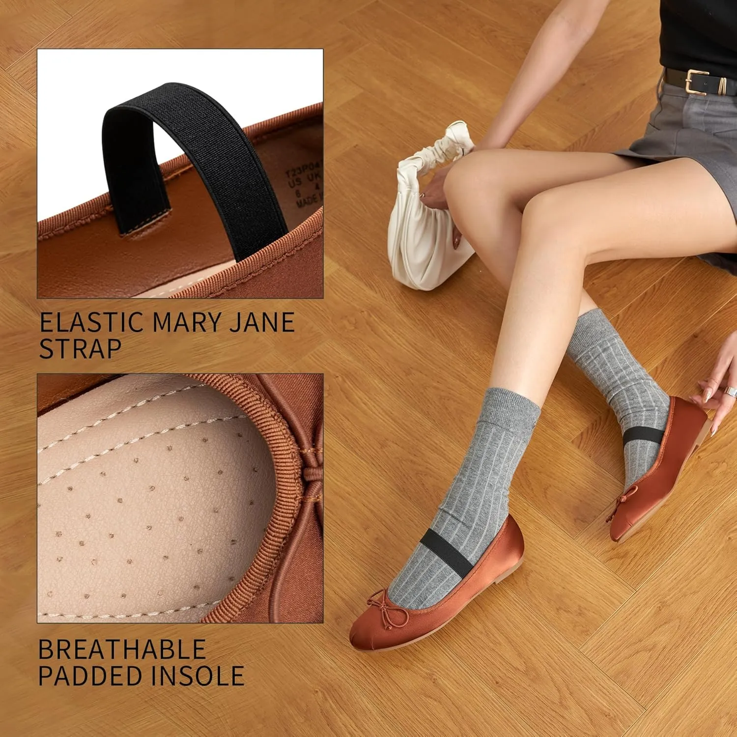 Trary Ballet Flats for Women Closed Round Toe Mary Jane Shoes Women Cute Bowknot Non-Slip Dressy Shoes Elastic Strap Comfortable Women's Flats for All-Year Daily Work Causal
