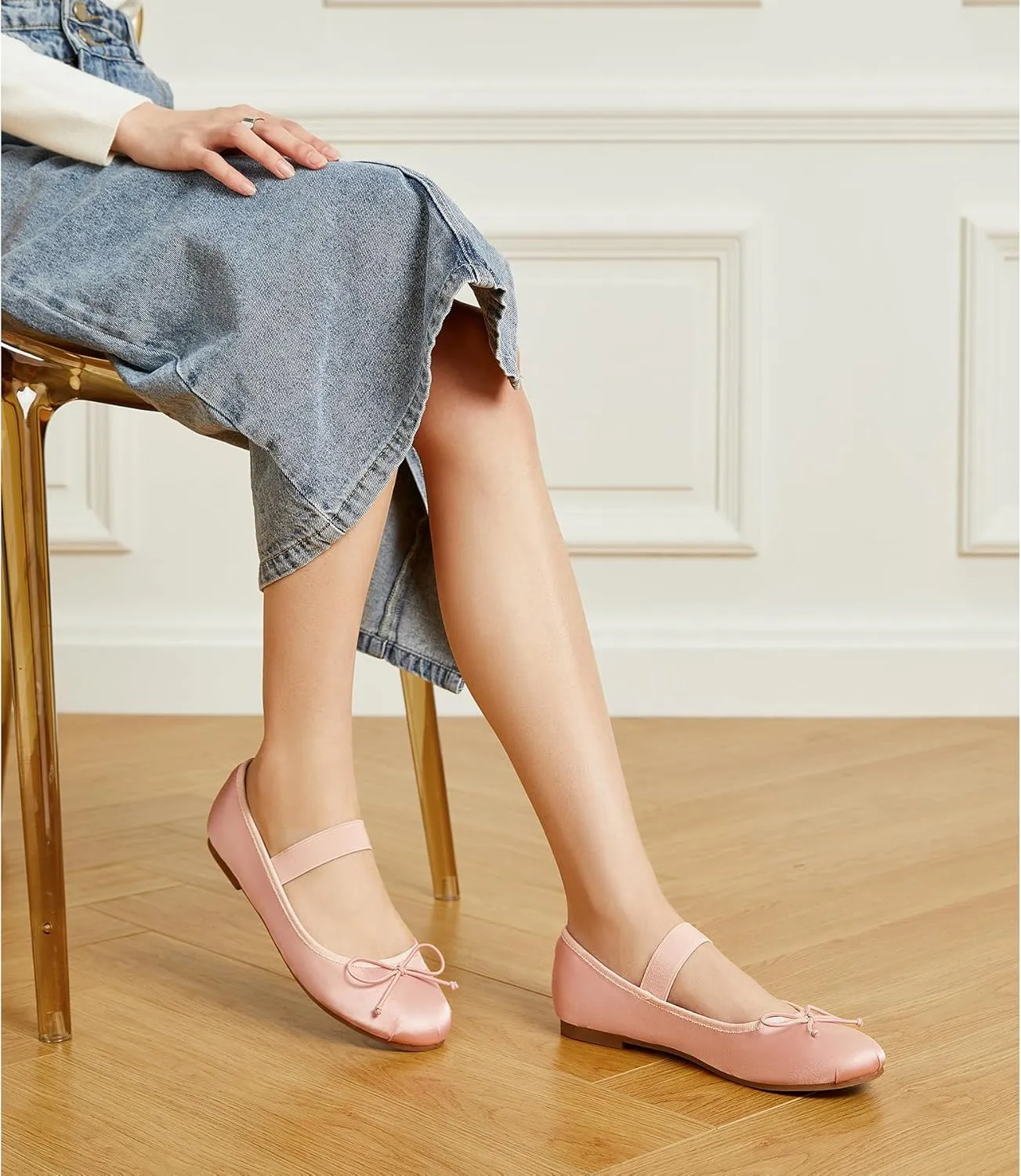 Trary Ballet Flats for Women Closed Round Toe Mary Jane Shoes Women Cute Bowknot Non-Slip Dressy Shoes Elastic Strap Comfortable Women's Flats for All-Year Daily Work Causal