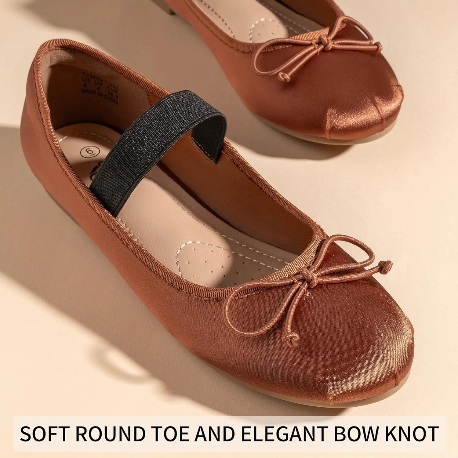 Trary Ballet Flats for Women Closed Round Toe Mary Jane Shoes Women Cute Bowknot Non-Slip Dressy Shoes Elastic Strap Comfortable Women's Flats for All-Year Daily Work Causal