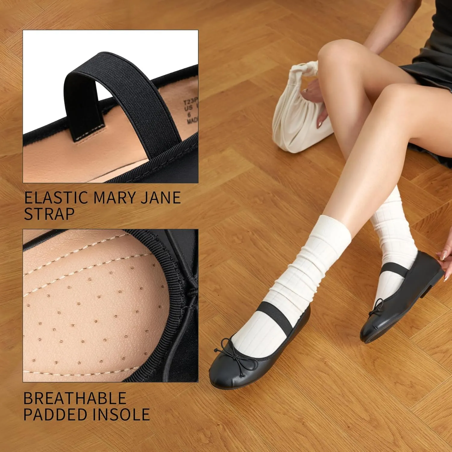 Trary Ballet Flats for Women Closed Round Toe Mary Jane Shoes Women Cute Bowknot Non-Slip Dressy Shoes Elastic Strap Comfortable Women's Flats for All-Year Daily Work Causal