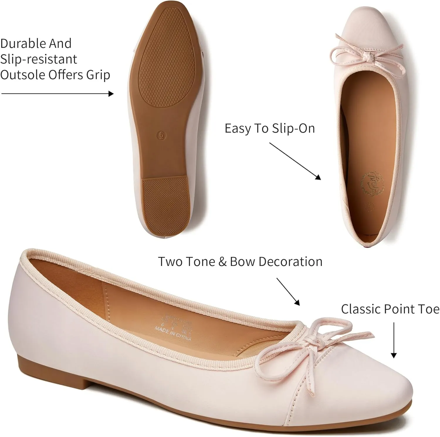 Trary Flat Shoes Women Pointed Toe Flats for Women Two-Tone Cap Toe Ballet Flats Shoes Comfortable Dressy Casual Slip-on Work Daily Soft Flat Shoes