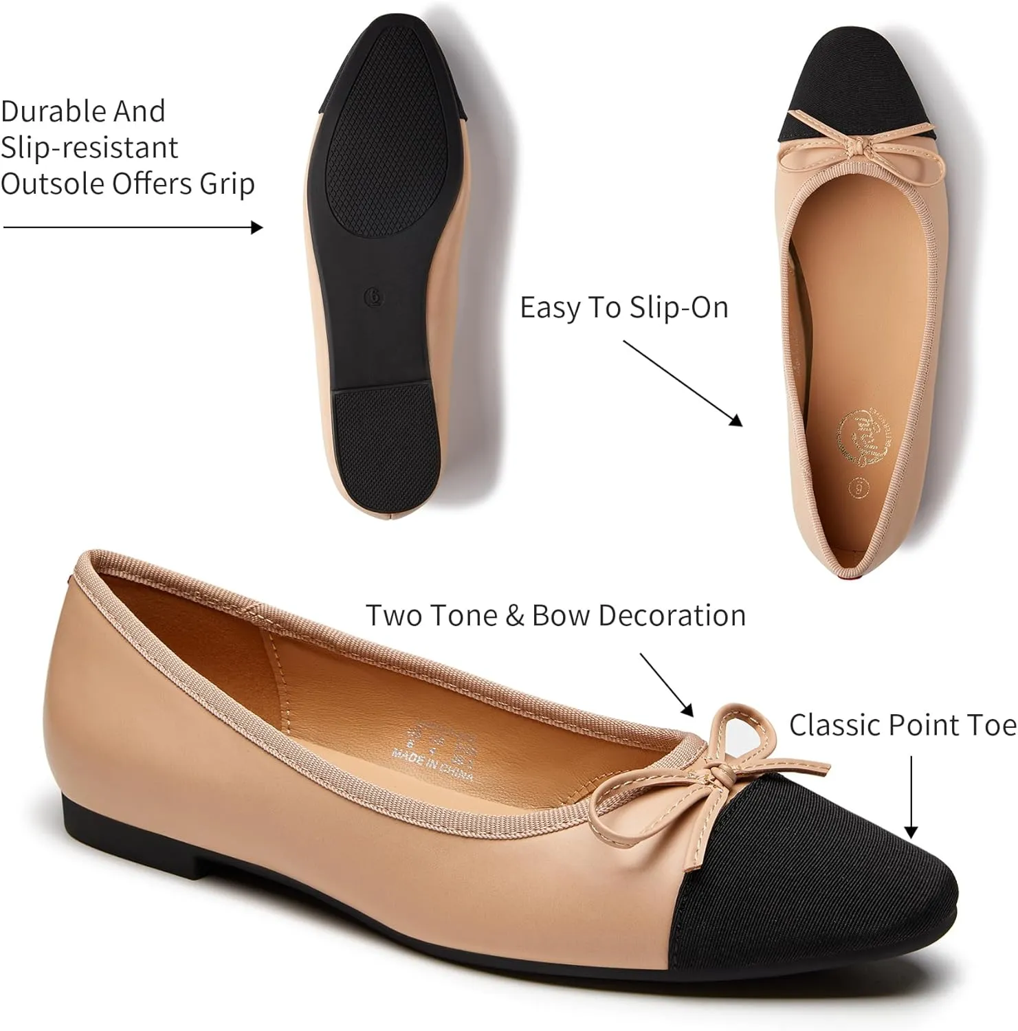Trary Flat Shoes Women Pointed Toe Flats for Women Two-Tone Cap Toe Ballet Flats Shoes Comfortable Dressy Casual Slip-on Work Daily Soft Flat Shoes