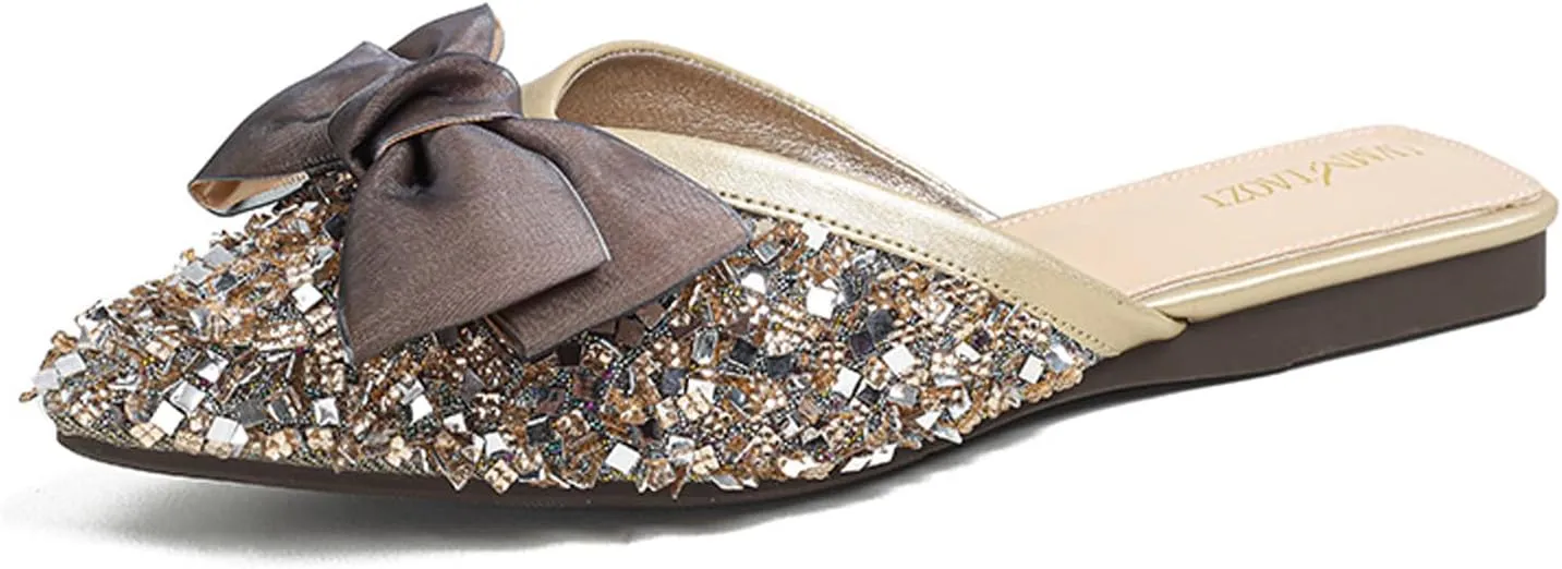 URLECHS Women's Fashion Rhinestone Mules Bow Decorated Flats Comfortable Slip On Backless Loafers Closed Pointed Toe Casual Slides