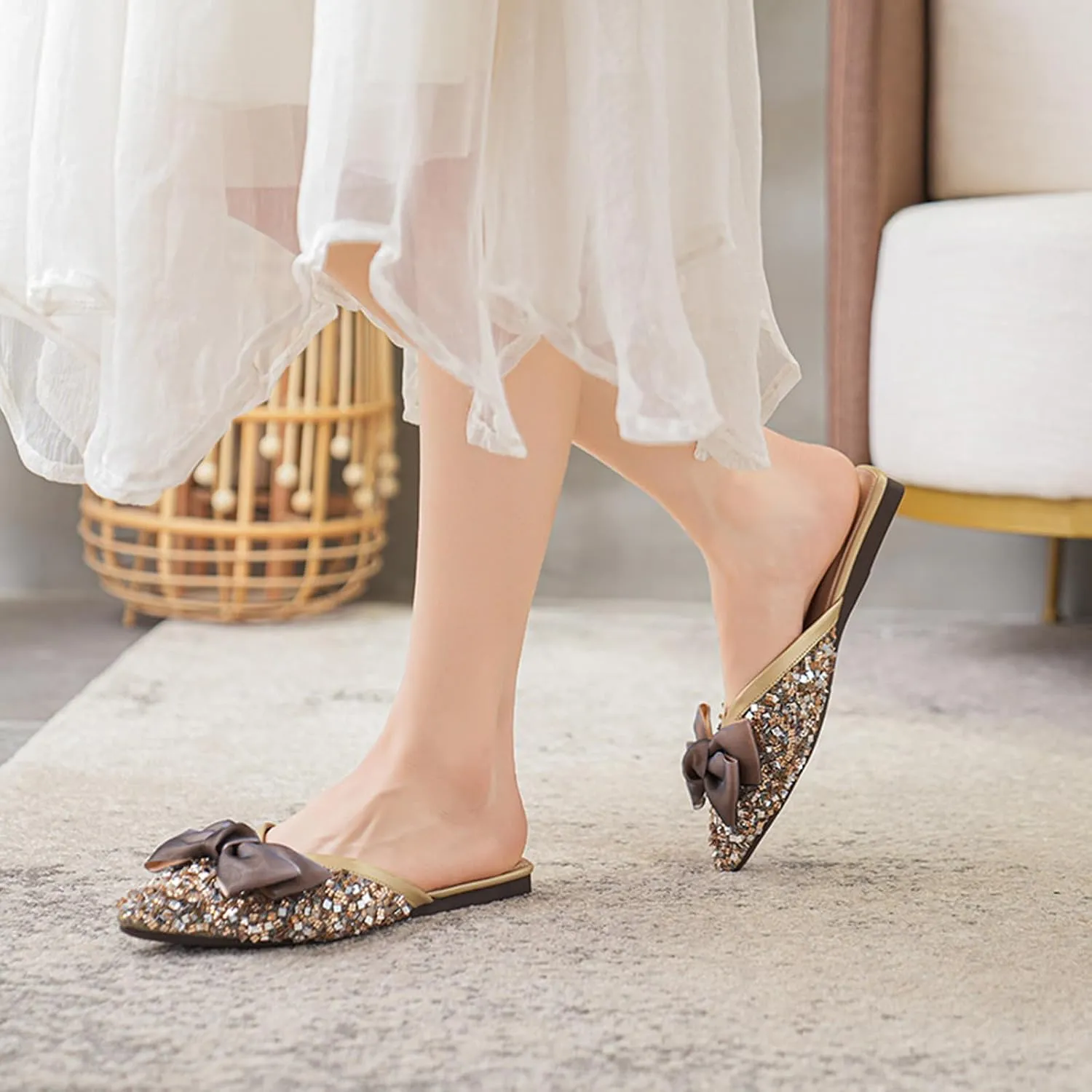 URLECHS Women's Fashion Rhinestone Mules Bow Decorated Flats Comfortable Slip On Backless Loafers Closed Pointed Toe Casual Slides
