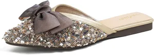 URLECHS Women's Fashion Rhinestone Mules Bow Decorated Flats Comfortable Slip On Backless Loafers Closed Pointed Toe Casual Slides