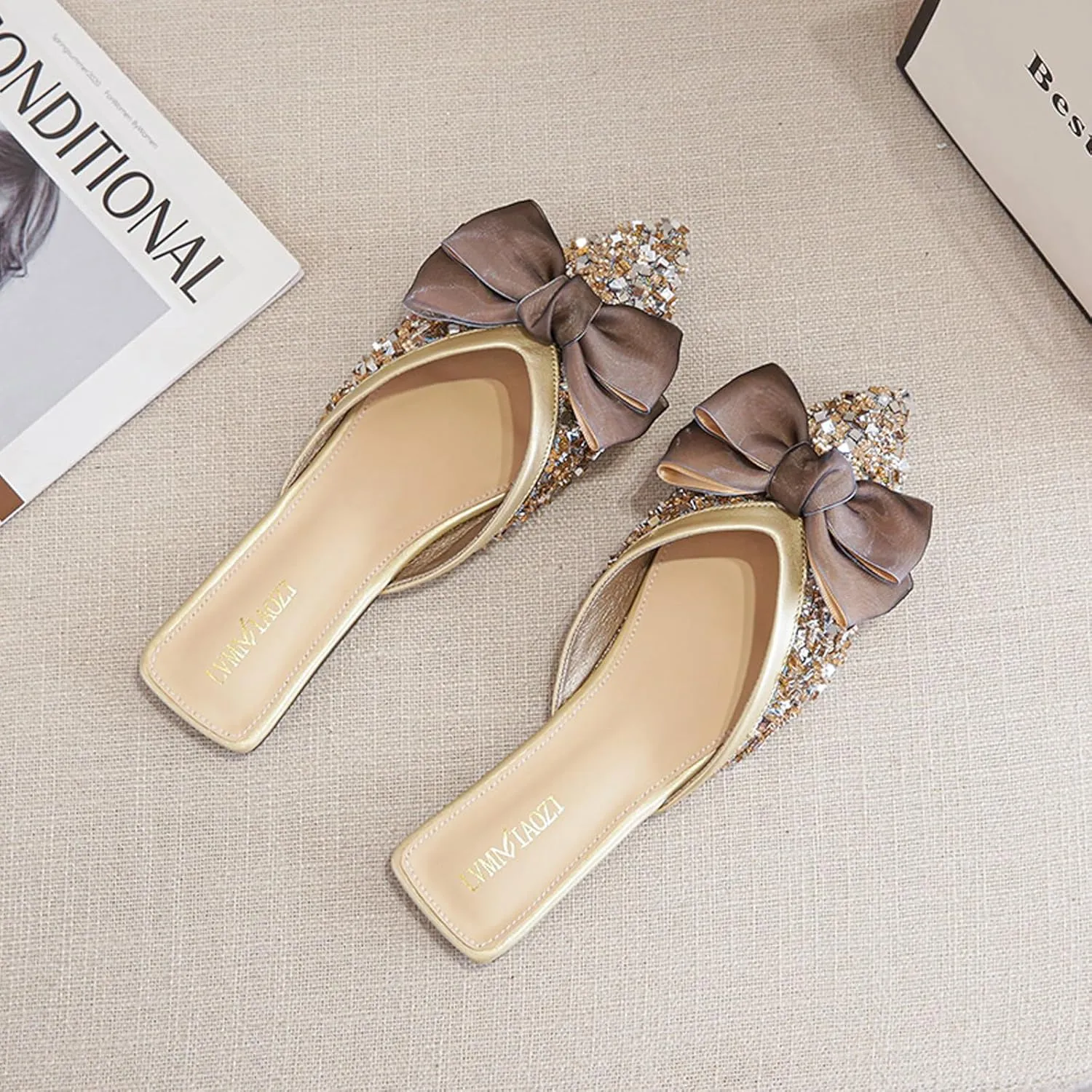 URLECHS Women's Fashion Rhinestone Mules Bow Decorated Flats Comfortable Slip On Backless Loafers Closed Pointed Toe Casual Slides