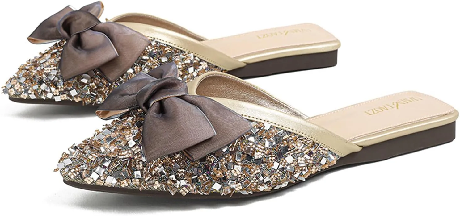 URLECHS Women's Fashion Rhinestone Mules Bow Decorated Flats Comfortable Slip On Backless Loafers Closed Pointed Toe Casual Slides