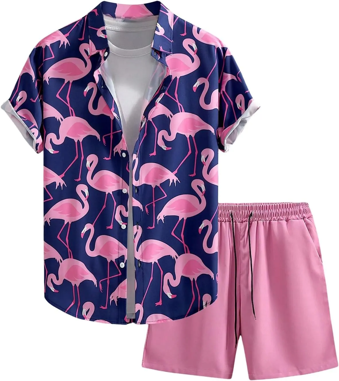 Verdusa Men's 2 Piece Summer Graphic Outfits Flamingo Collared Button Down Shirts and Track Shorts with Pockets