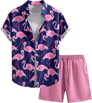 Verdusa Men's 2 Piece Summer Graphic Outfits Flamingo Collared Button Down Shirts and Track Shorts with Pockets
