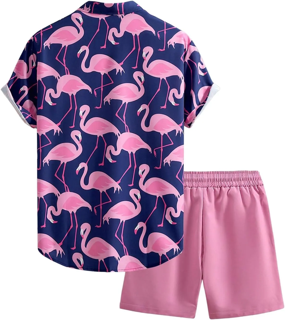 Verdusa Men's 2 Piece Summer Graphic Outfits Flamingo Collared Button Down Shirts and Track Shorts with Pockets