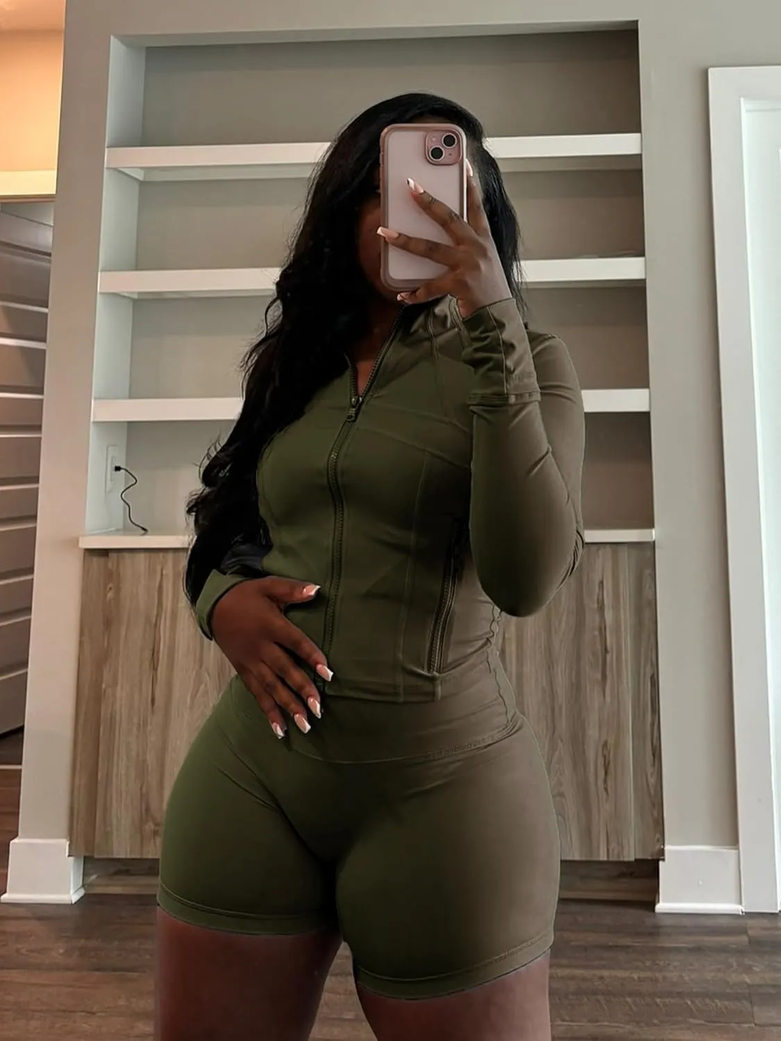 Vssjavun Women 2 Piece Outfits Sweatsuit Sets Long Sleeve Full Zip Workout Jacket Bodycon Shorts Set Tracksuit Loungewear