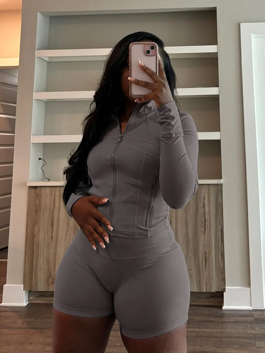 Vssjavun Women 2 Piece Outfits Sweatsuit Sets Long Sleeve Full Zip Workout Jacket Bodycon Shorts Set Tracksuit Loungewear