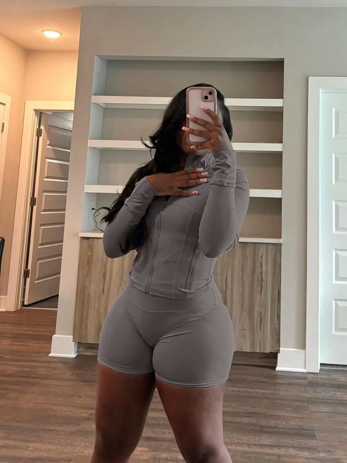 Vssjavun Women 2 Piece Outfits Sweatsuit Sets Long Sleeve Full Zip Workout Jacket Bodycon Shorts Set Tracksuit Loungewear