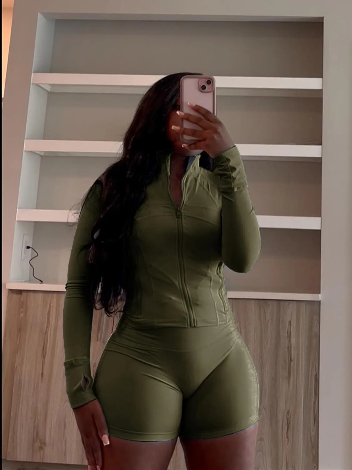 Vssjavun Women 2 Piece Outfits Sweatsuit Sets Long Sleeve Full Zip Workout Jacket Bodycon Shorts Set Tracksuit Loungewear